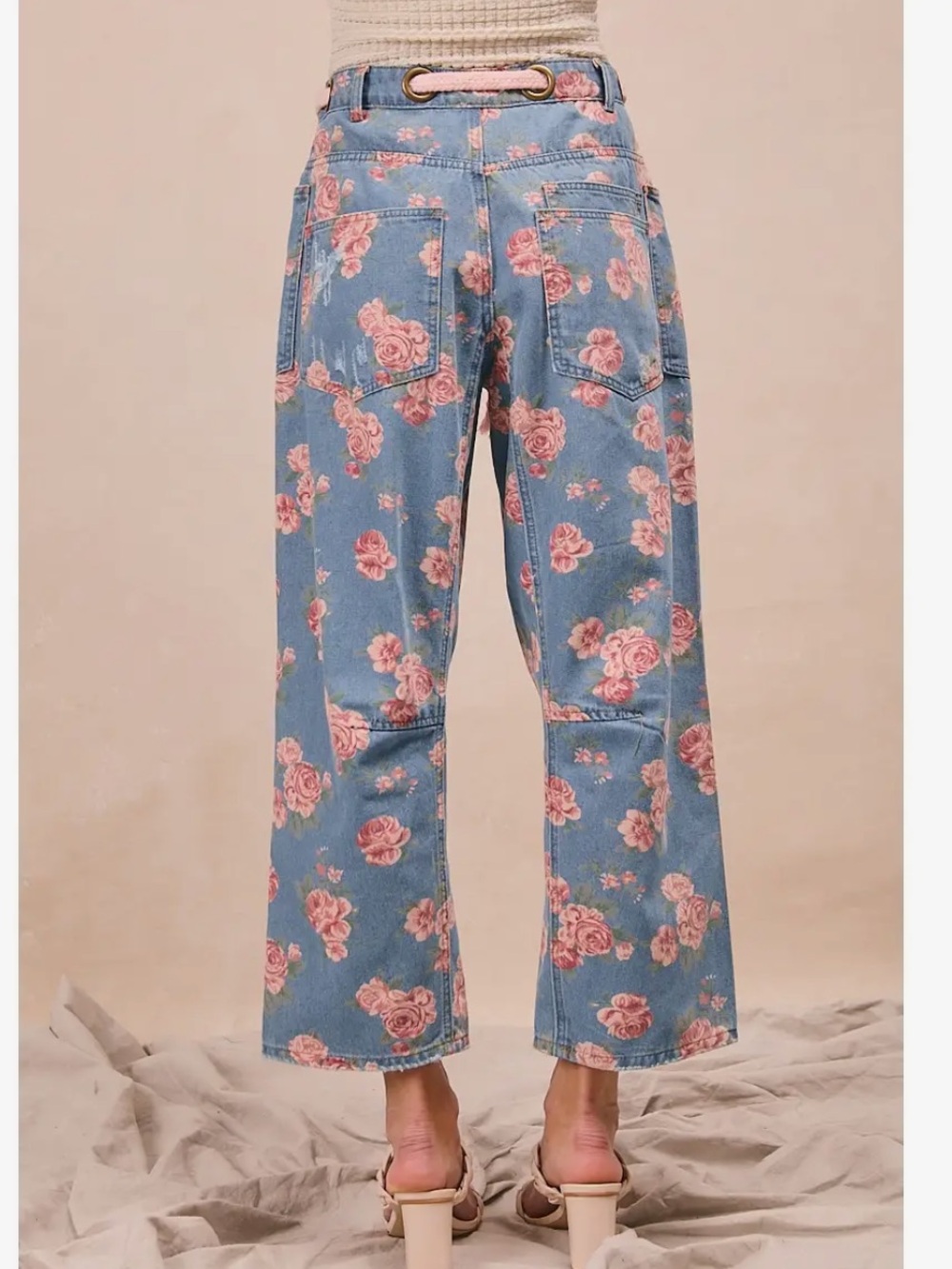 BiBi Blue Denim Ankle Floral Crop Pants with Pink Rose Print - Picture 4 of 5
